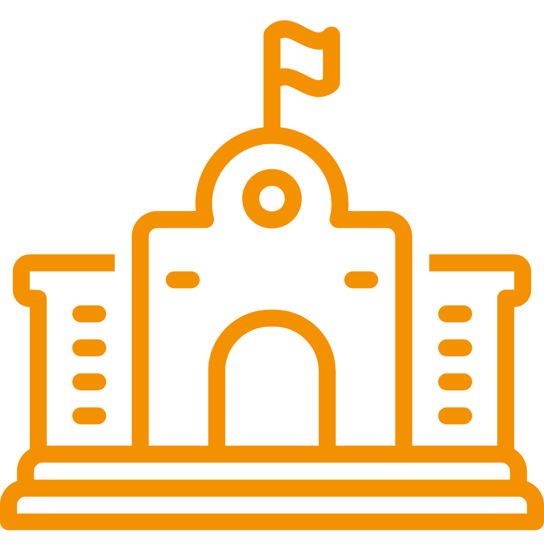 Oranges Icon von einem großen Gebäude mit einer Fahne am Dach.