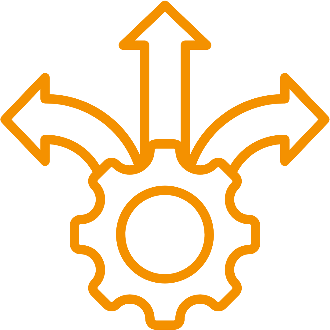 Oranges Icon eines Zahnrads aus dem 3 Pfeile nach oben gehen.