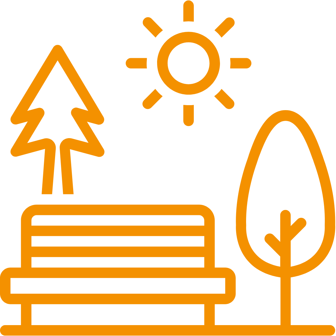 Oranges Icon einer öffentlichen Fläche mit Parkbank, einer Sonne und zwei Bäumen.