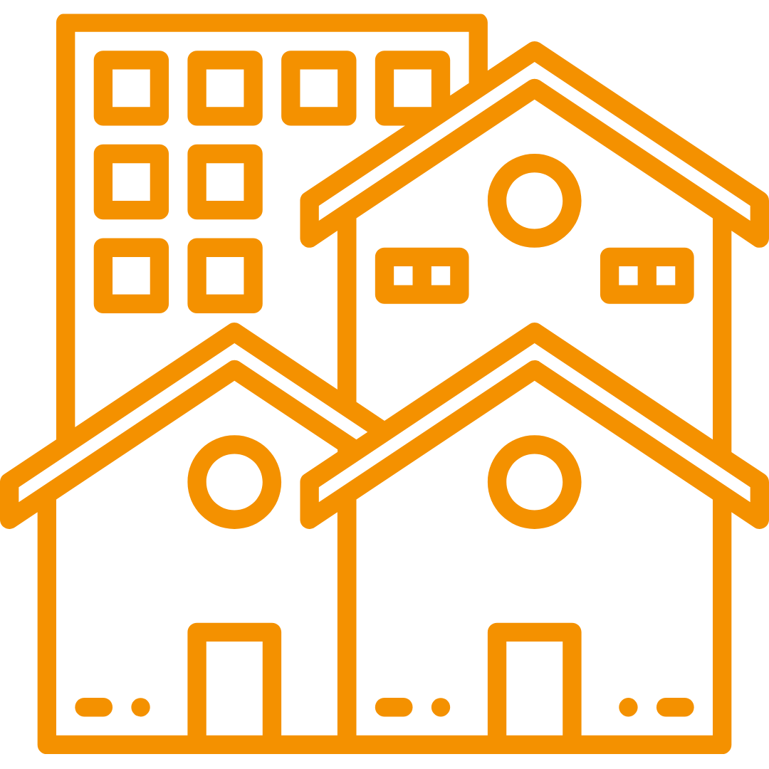 Oranges Icon von 4 unterschiedlichen öffentlichen Gebäuden.