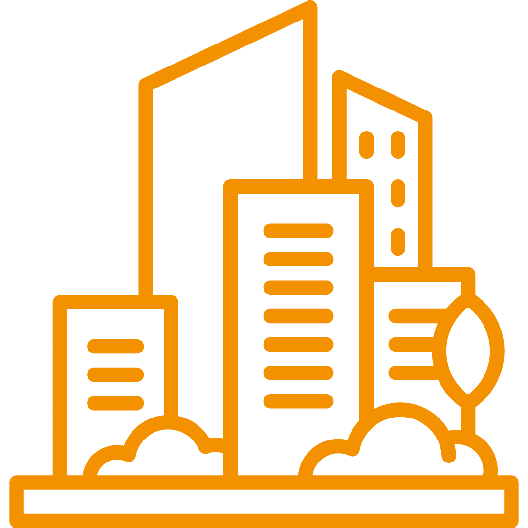 Oranges Icon von einer Stadt mit mehreren Gebäuden.