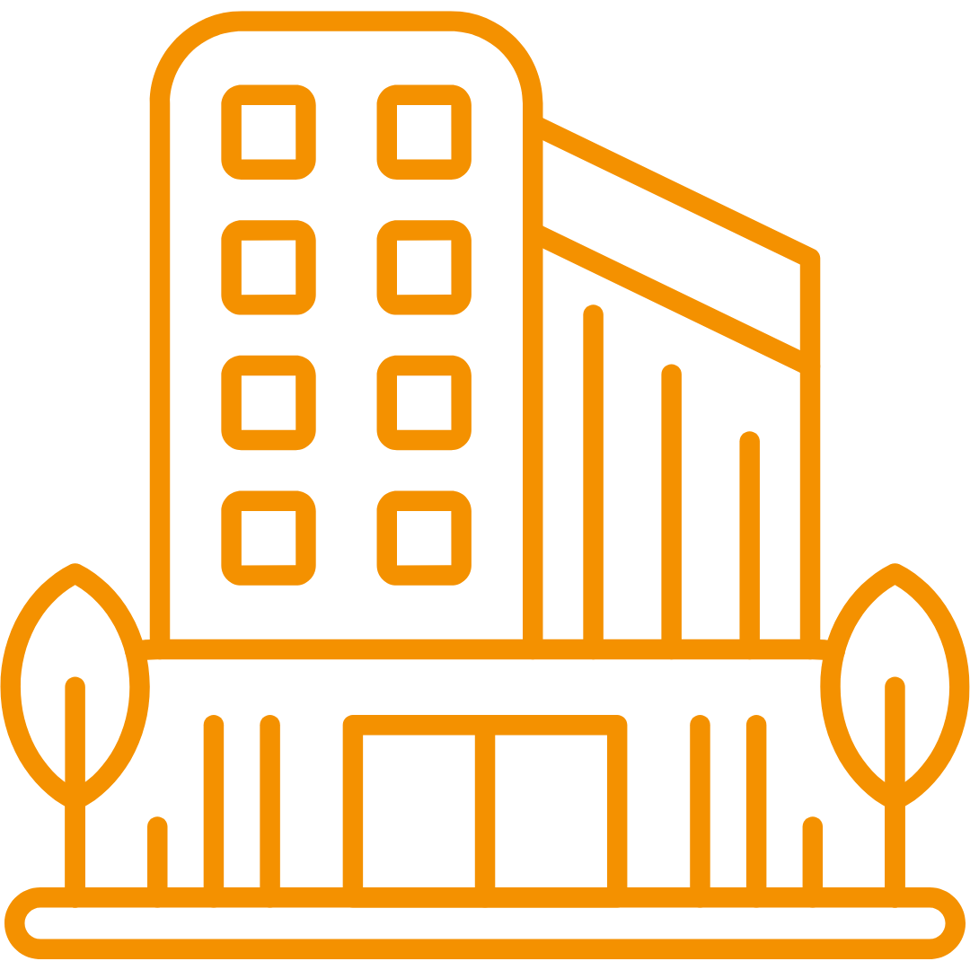 Oranges Icon von einem Unternehmensgebäude.