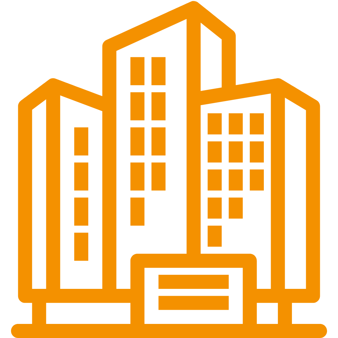 Firmen Außenanlagen - Oranges Icon mehren großen Gebäuden.