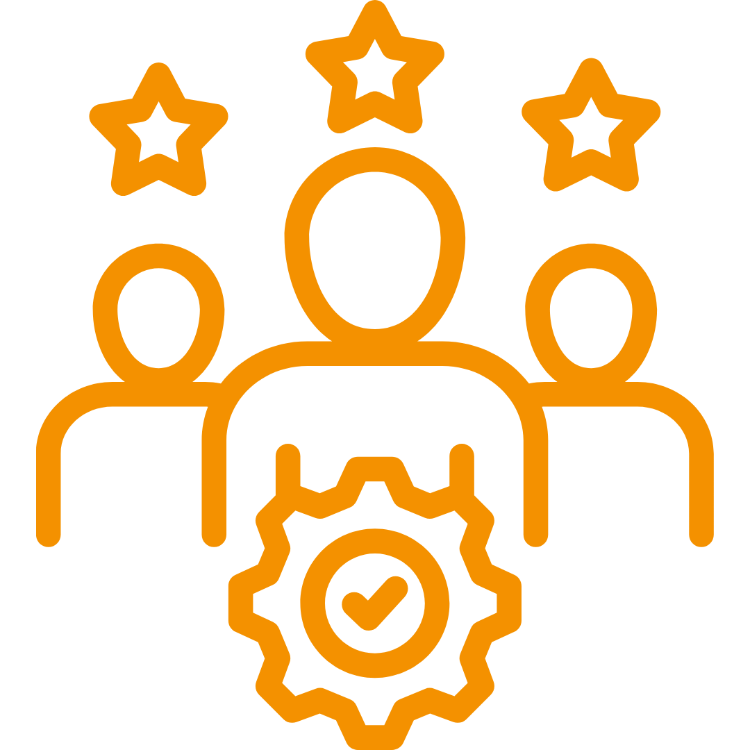 Oranges Icon mit drei Personen mit einem Stern über den Kopf.