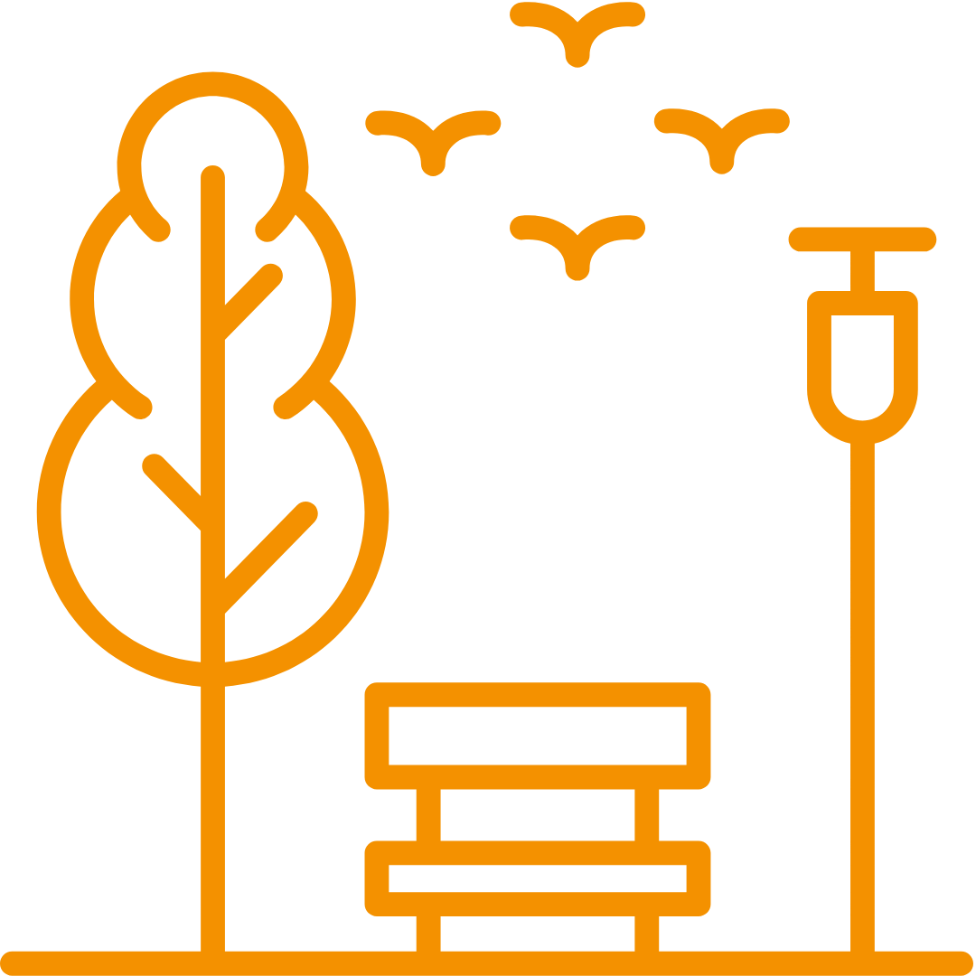 Oranges Icon von kommunalen Grünflächen, die aussehen wie ein Park.