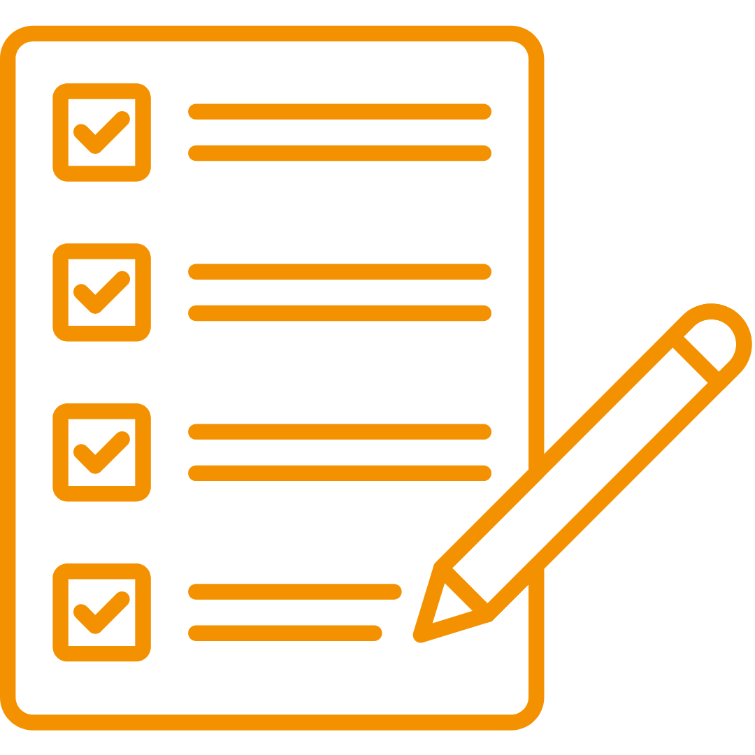 Oranges Icon einer abgehakten Checkliste mit Stift.