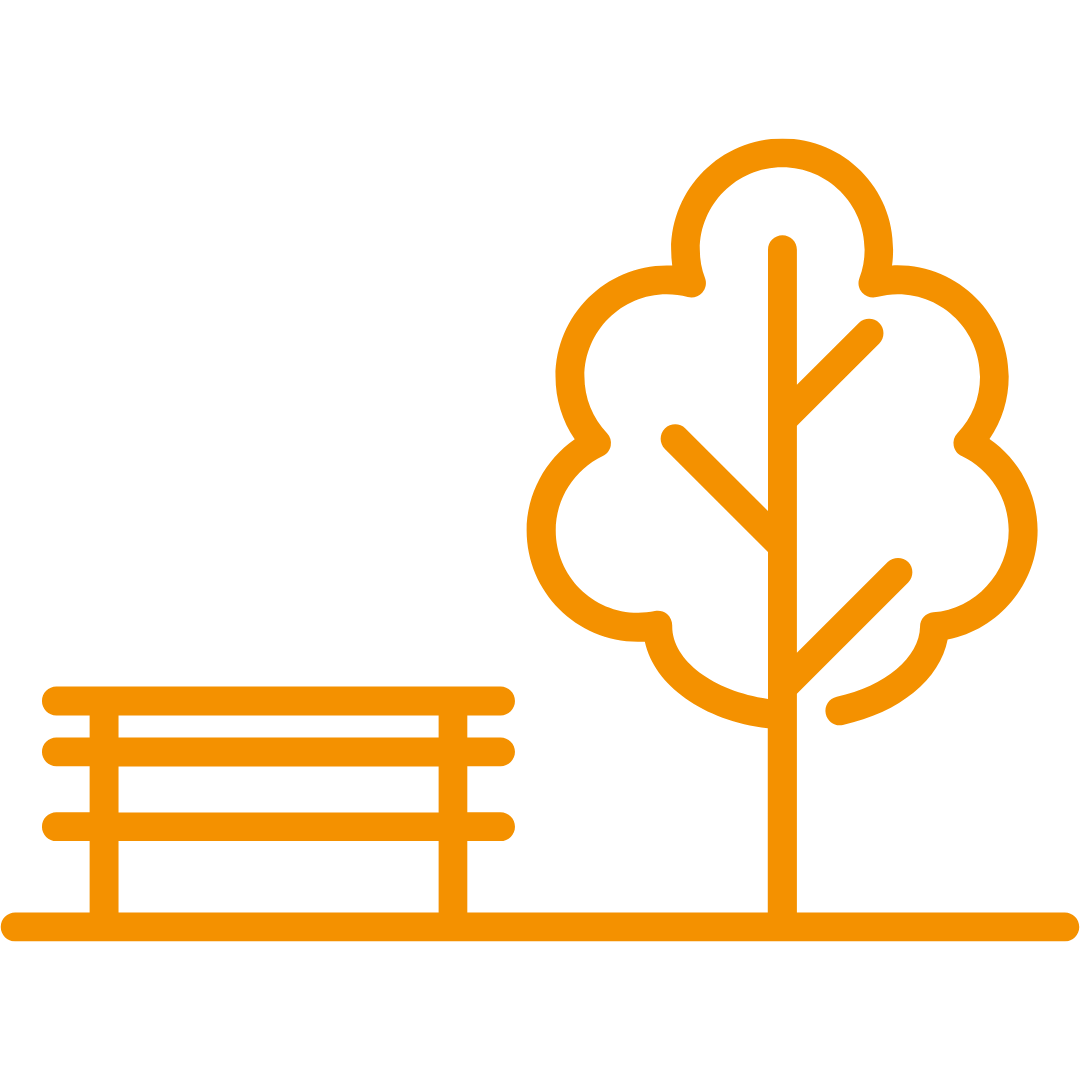 Oranges Icon einer Parkbank links neben einem Baum.