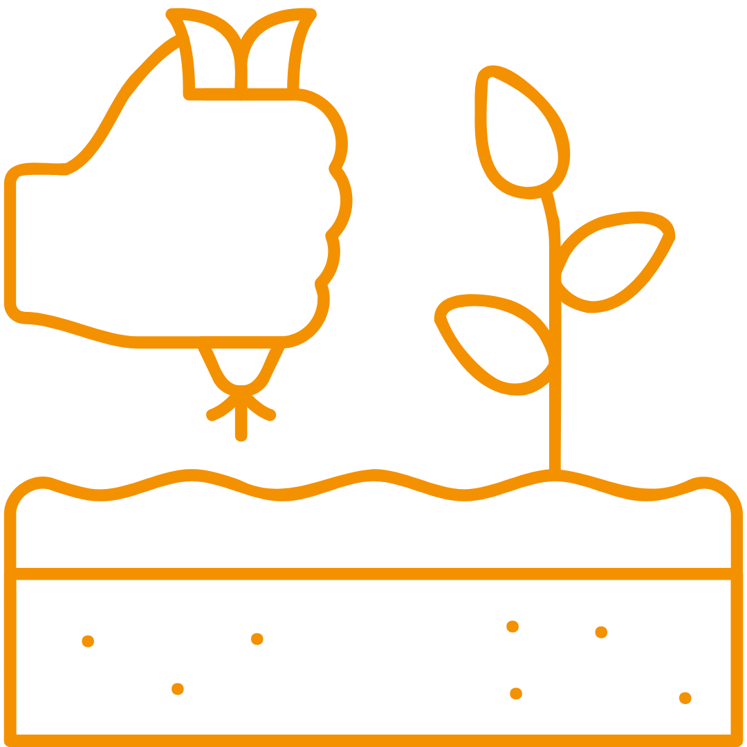 Oranges Icon einer Hand mit die eine Pflanze pflanzt.