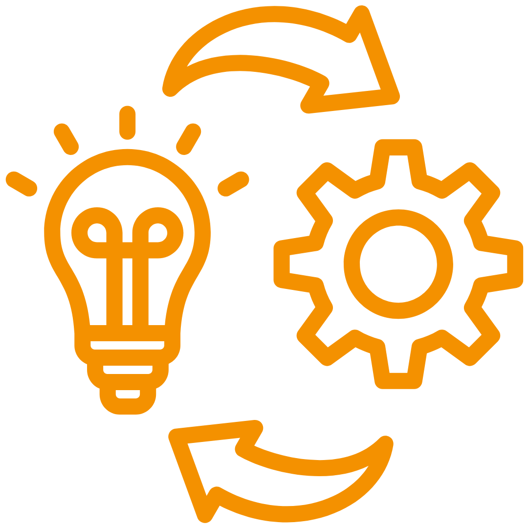 Oranges Icon einer Glühbirne und eines Zahnrads mit jeweils einem Pfeil im Uhrzeigersinn.