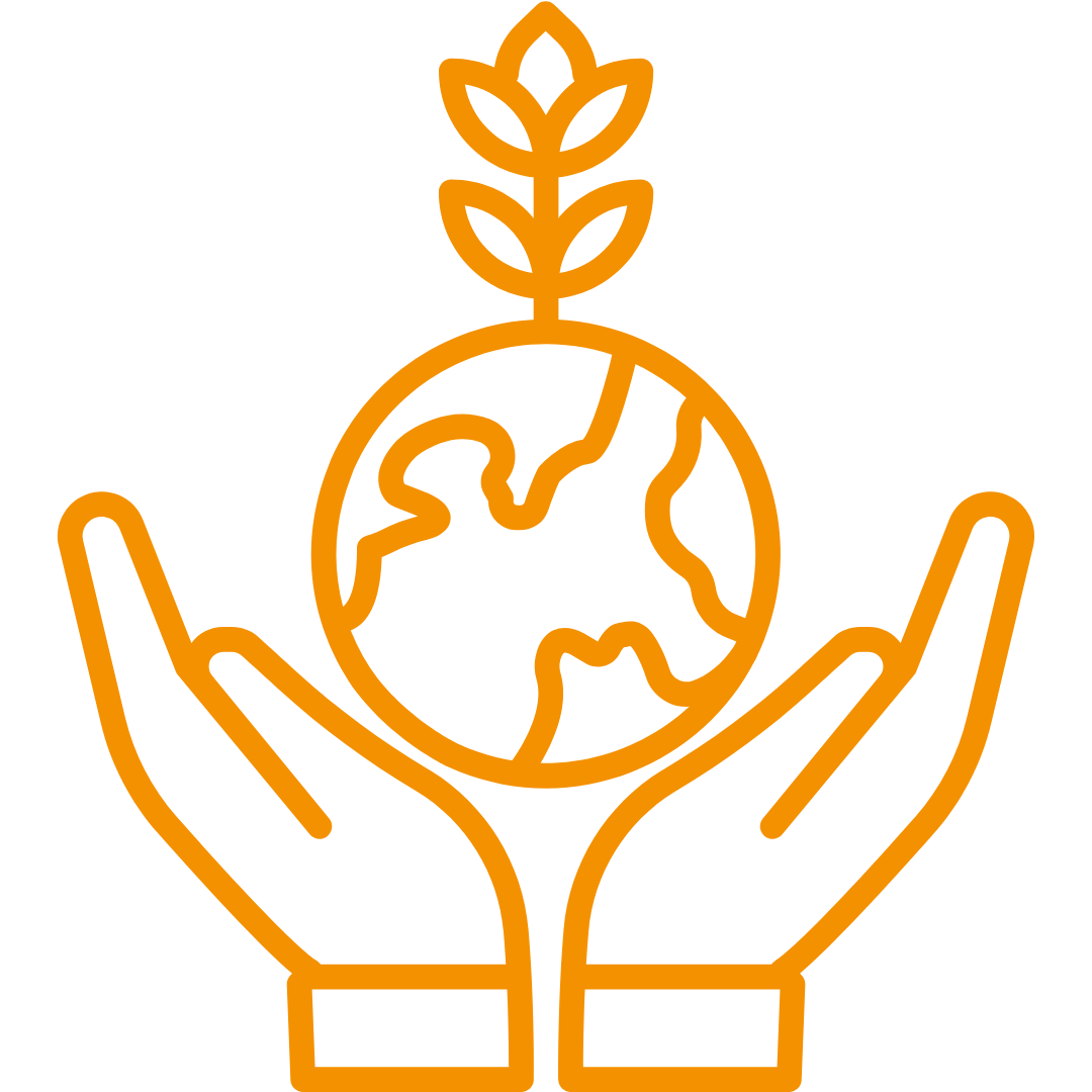 Oranges Icon einer Weltkugel mit einer Pflanze darauf. Gehalten von zwei Händen.